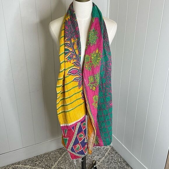 Handmade Reversible Scarf From Recycled Saris Pink Yellow Orange Mixed Media - Picture 1 of 6